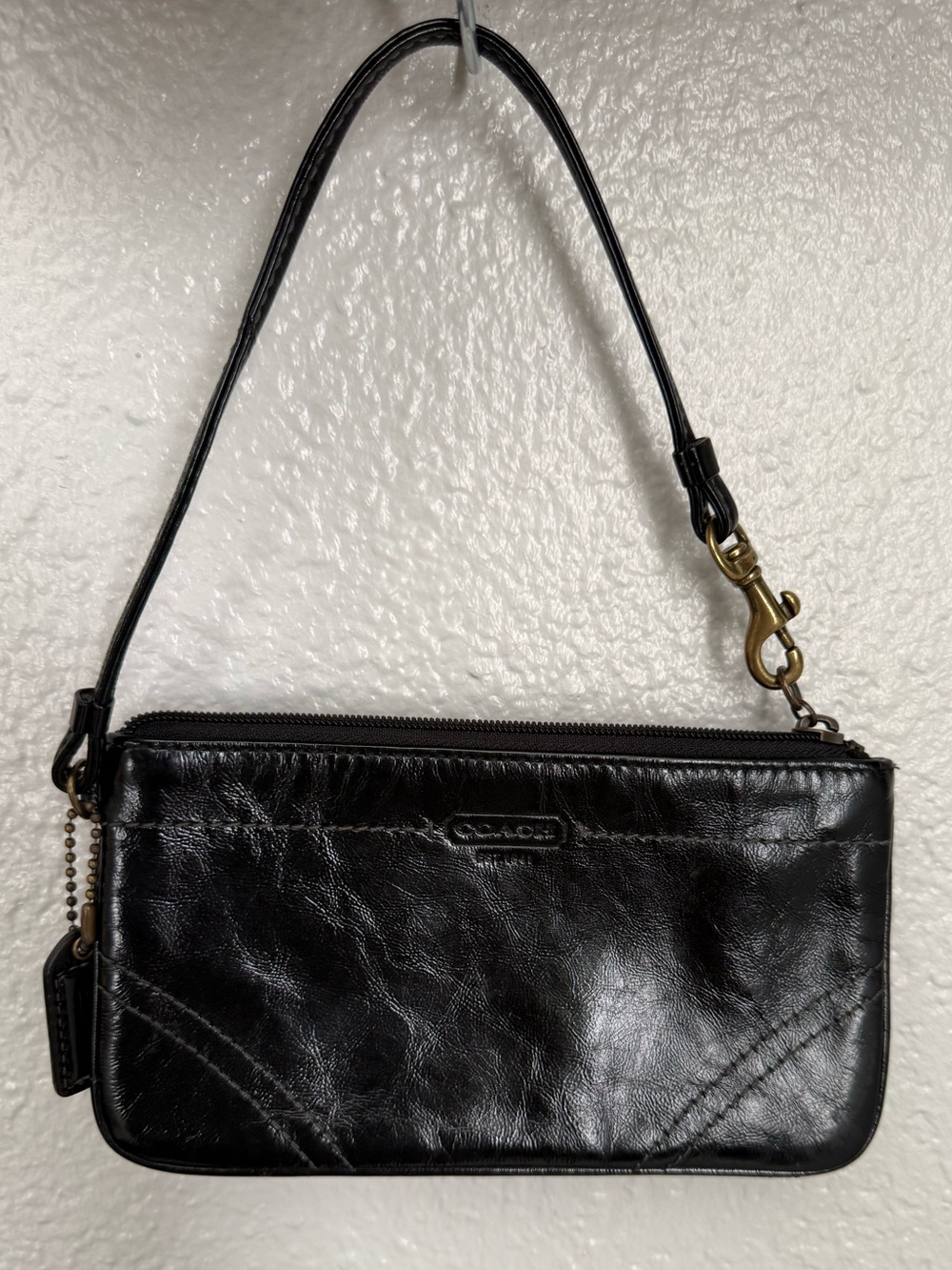 Coach Black Leather Wristlet Clutch with Brass Hardware